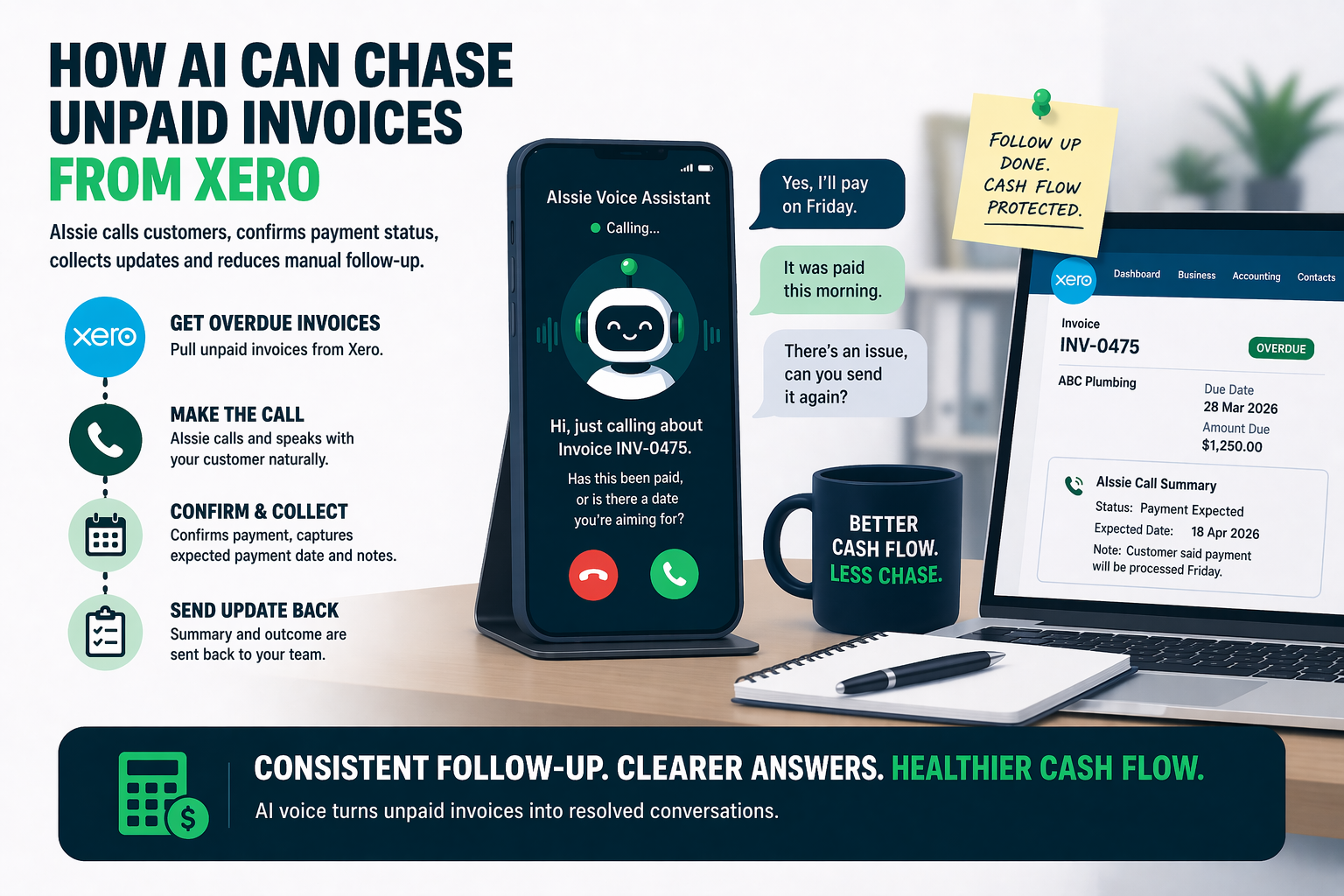 Illustration of an AI voice assistant following up unpaid invoices and payment dates